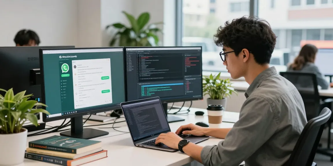 WhatsApp下載 in a tech workspace showcasing a developer coding on a laptop with dual monitors.