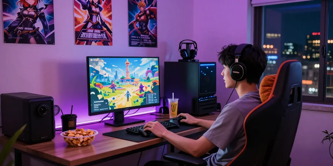 Gamer enjoying ecchi games in a vibrant gaming room with immersive visuals