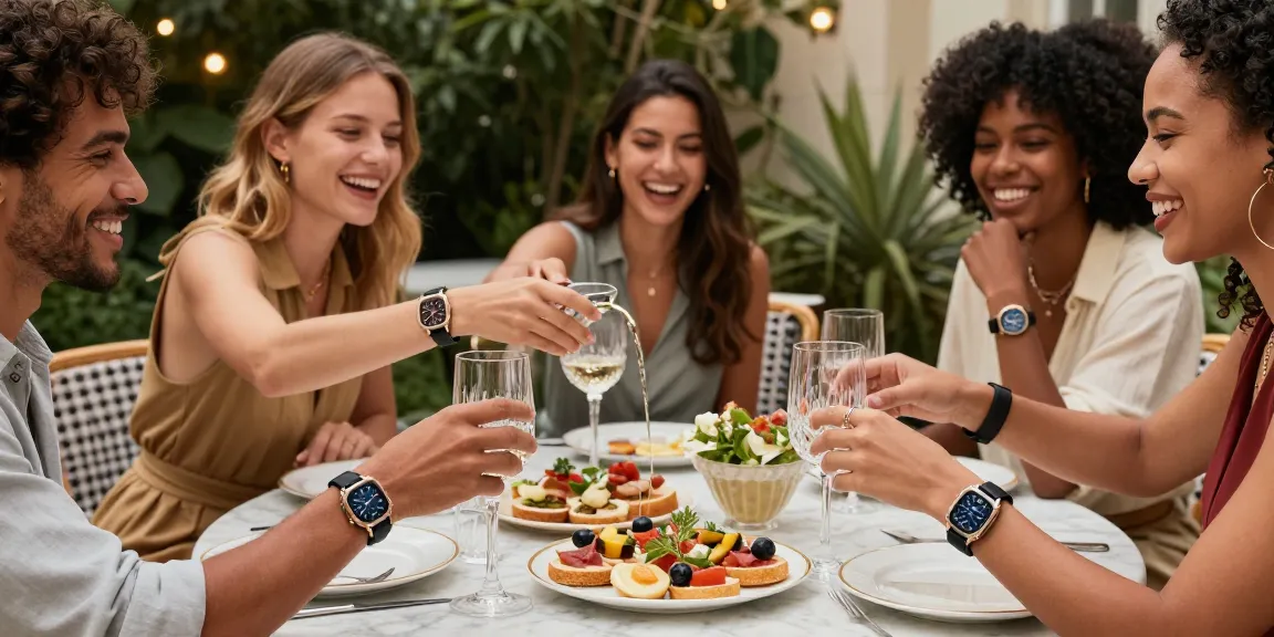 Friends enjoying a chic gathering while showcasing super clone watches with intricate details in a luxurious outdoor setting.