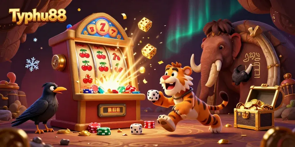 Typhu88 casino features a thrilling prehistoric theme with cartoon characters and vibrant gaming elements.