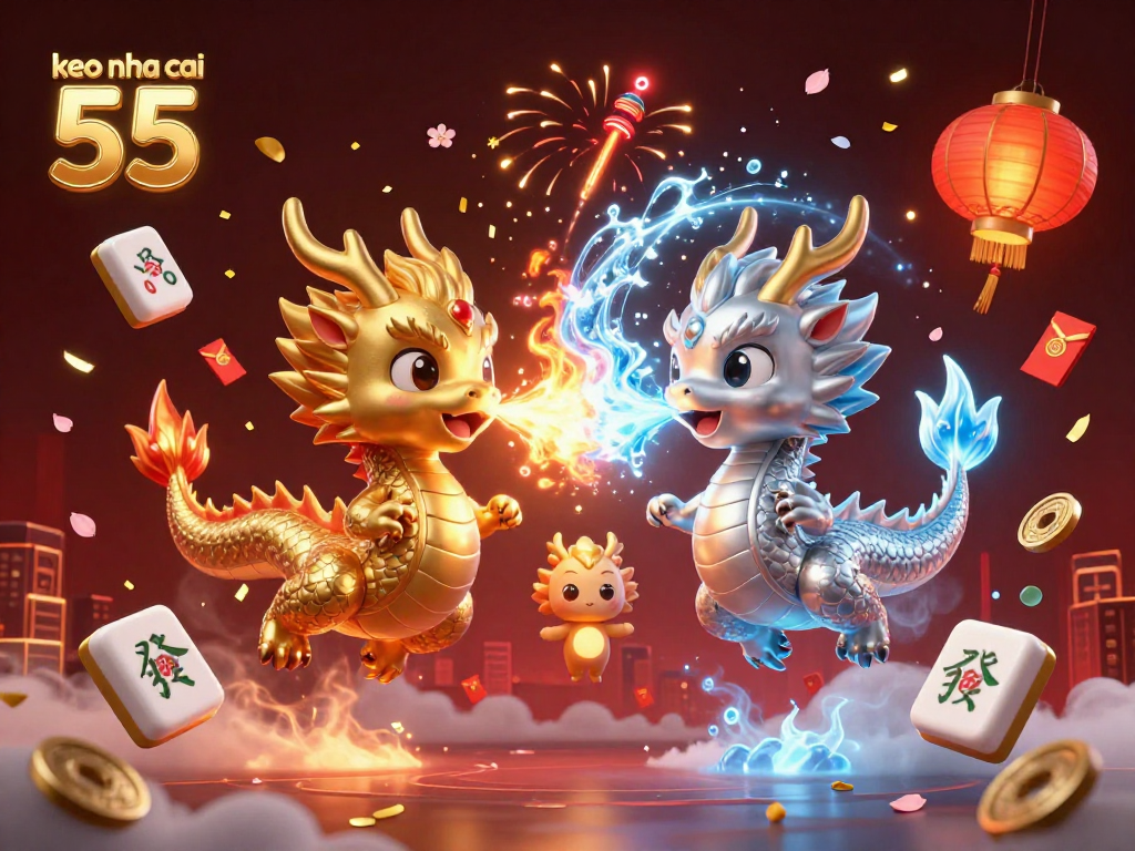 Experience keo nha cai 55 with dynamic dragons and casino elements in an engaging 3D illustration.