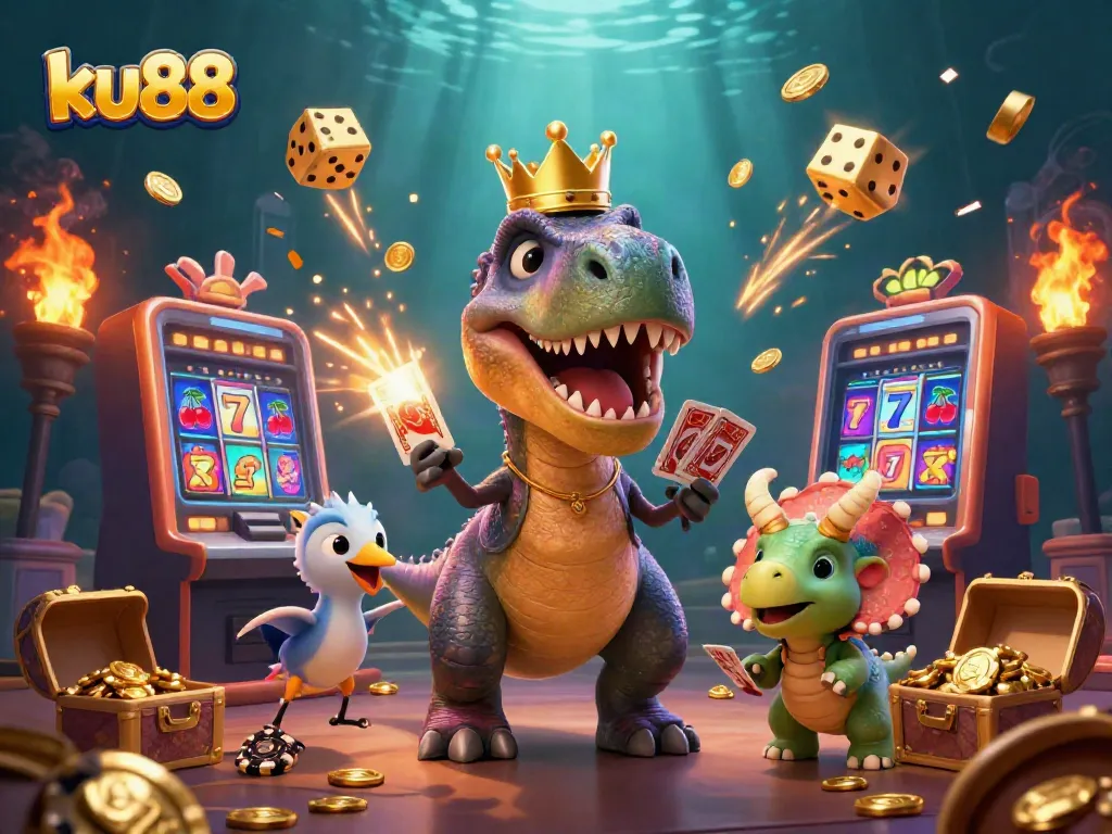 Experience adventure with ku88 as a T-Rex attempts to shuffle cards amidst a vibrant casino scene.