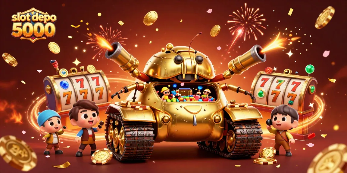 Engage in thrilling gameplay at slot depo 5000 featuring golden slots and a bustling casino.