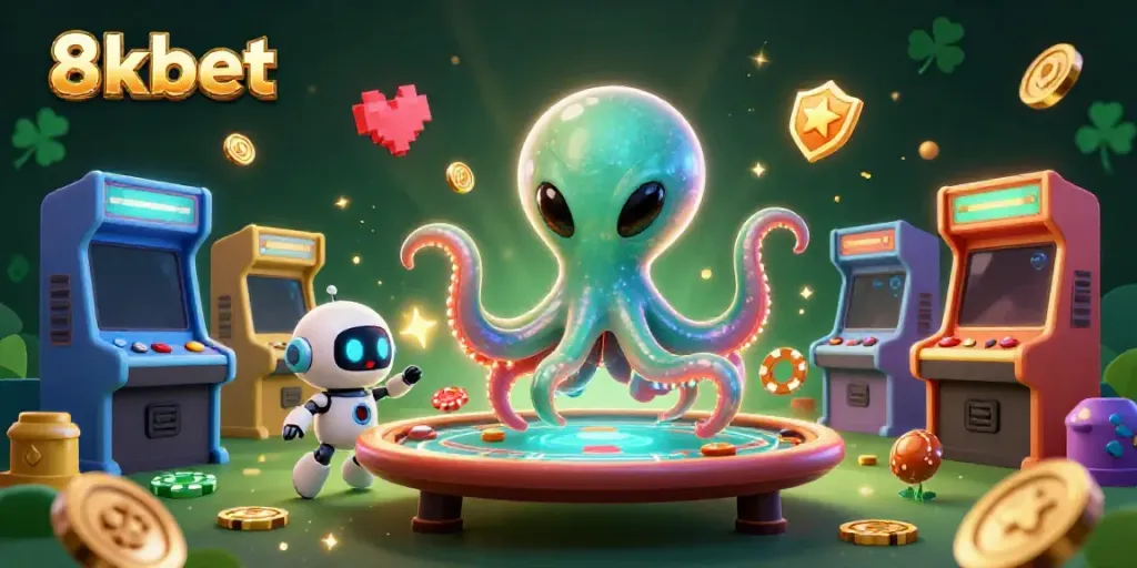 Experience thrilling gameplay at 8xbet with a dynamic scene featuring an alien octopus at a holographic poker table.
