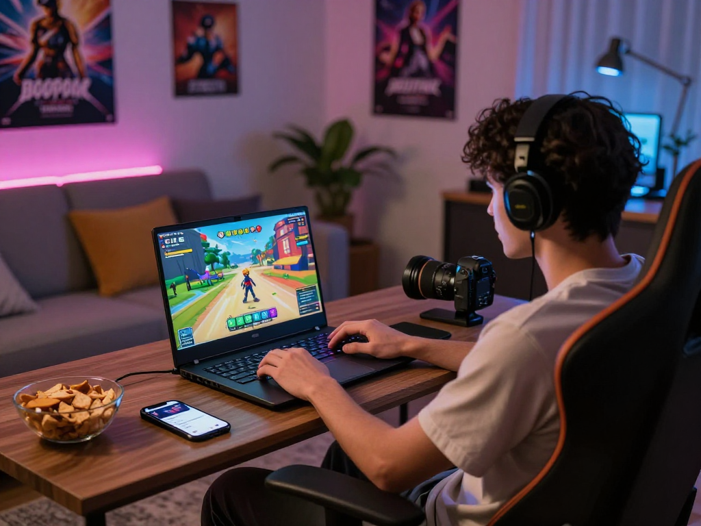 Player engaging in a vibrant adult game on a laptop in a cozy gaming setup.