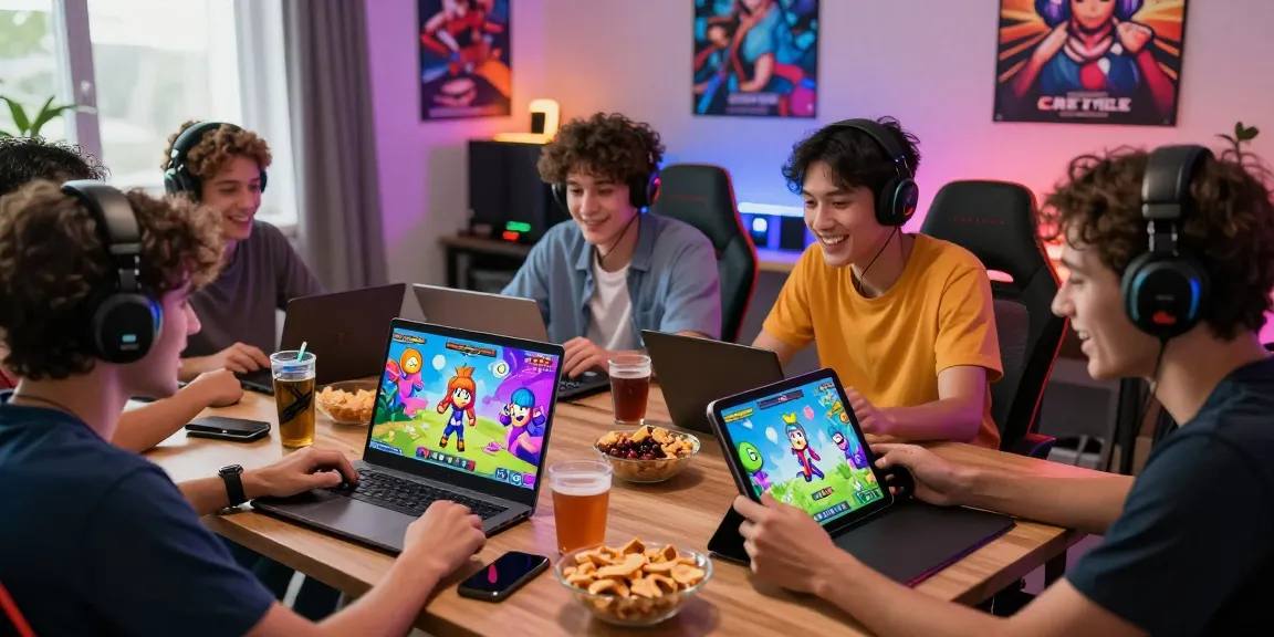 Engaging scene of friends enjoying ecchi games on multiple devices, showcasing colorful graphics and a joyful atmosphere.