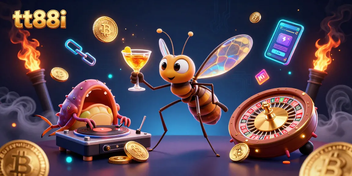 Engage with tt88i's dynamic 3D casino-themed illustration, featuring vivid characters and crypto elements.