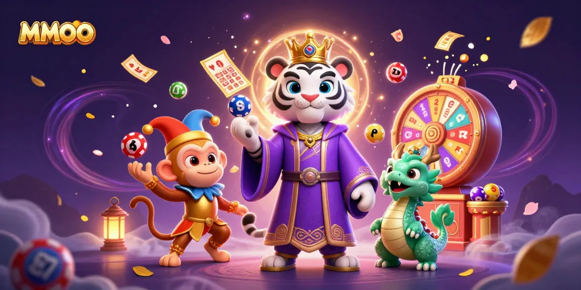 Engage with MMOO players in a vibrant casino scene featuring animated lottery elements and characters.