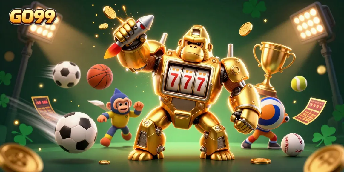 Experience the excitement at GO99 with dynamic sports and casino elements in an engaging illustration.
