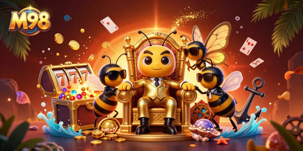 M98 showcases a vibrant 3D casino scene with a mob boss and dynamic gaming elements.